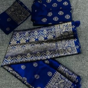 জাপানি সিল্ক নীল শাড়ী পাঞ্জাবি ব্লাউজ পিস