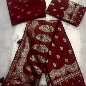 জাপানি সিল্ক মেরূন শাড়ী পাঞ্জাবি ব্লাউজ পিস