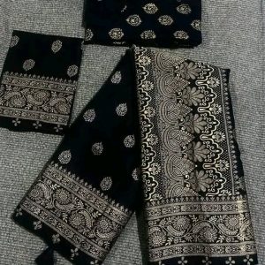 জাপানি সিল্ক কালো শাড়ী পাঞ্জাবি ব্লাউজ পিস