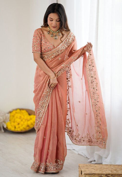 Embroidered Chinon Chiffon Saree in Brown - Image 2